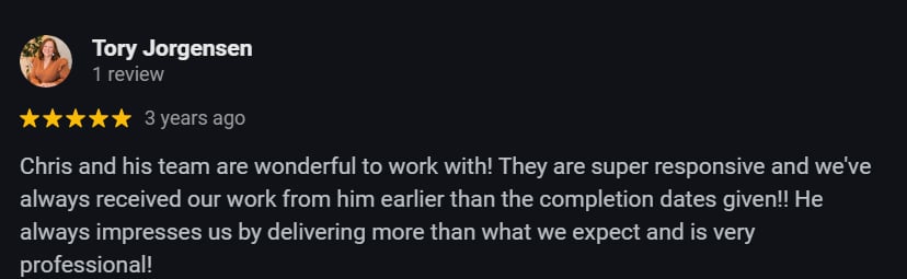 Five-star client review from Tory Jorgensen praising Black Gate Productions for delivering professional video work ahead of deadlines. Highlights responsiveness, reliability, and consistently exceeding expectations in video production services.