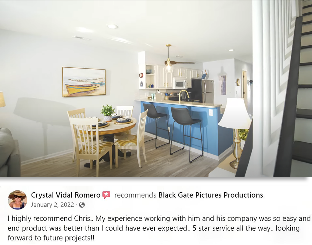 Client review from Crystal Vidal Romero recommending Black Gate Pictures Productions for real estate videography. The image features a bright, professionally staged kitchen and dining space, showcasing high-quality interior video work. Crystal praises the team’s easy process, stunning results, and five-star service.